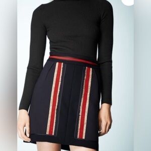 Boden Navy Skirt with Red and Gold Stripes